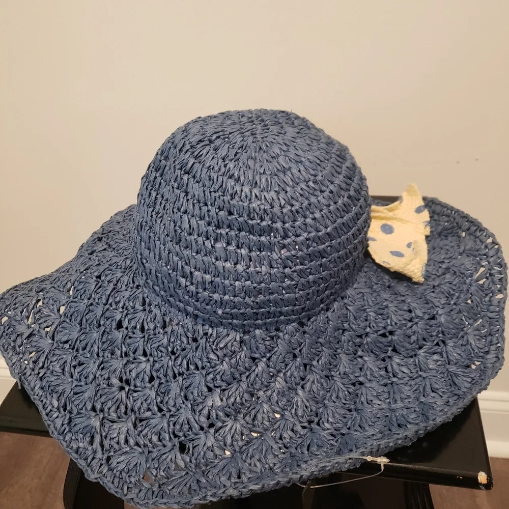 Jessica Simpson Women's Black Floppy Beach‎ Straw Hat With Polka Dot Bow NWT